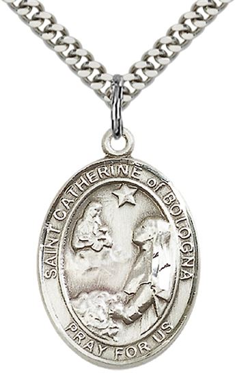 STERLING SILVER ST CATHERINE OF BOLOGNA PENDANT WITH CHAIN - 1" x 3/4"