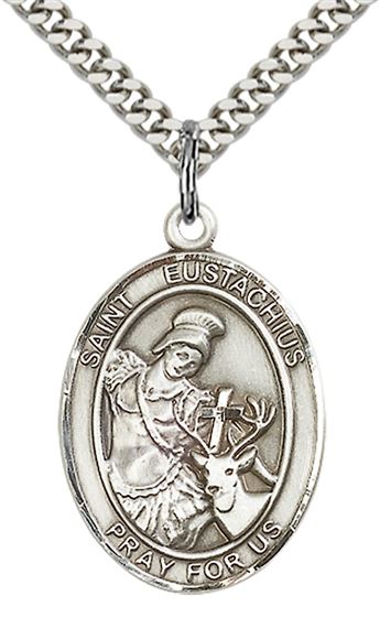 STERLING SILVER ST EUSTACHIUS PENDANT WITH CHAIN - 1" x 3/4"