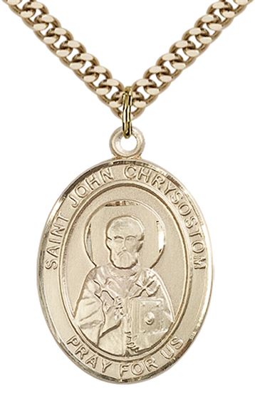 14KT GOLD FILLED ST JOHN CHRYSOSTOM PENDANT WITH CHAIN - 1" x 3/4"