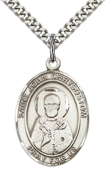 STERLING SILVER ST JOHN CHRYSOSTOM PENDANT WITH CHAIN - 1" x 3/4"