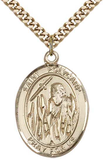 14KT GOLD FILLED ST POLYCARP OF SMYRNA PENDANT WITH CHAIN - 1" x 3/4"