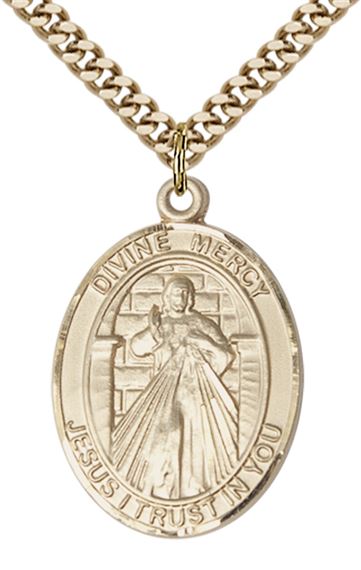 14KT GOLD FILLED DIVINE MERCY PENDANT WITH CHAIN - 1" x 3/4"