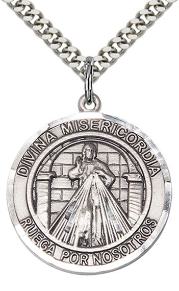 STERLING SILVER DIVINA MISERICORDIA PENDANT WITH CHAIN - 1" x 7/8"