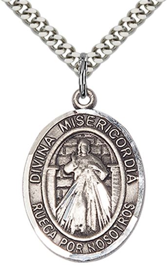 STERLING SILVER DIVINA MISERICORDIA PENDANT WITH CHAIN - 1" x 3/4"