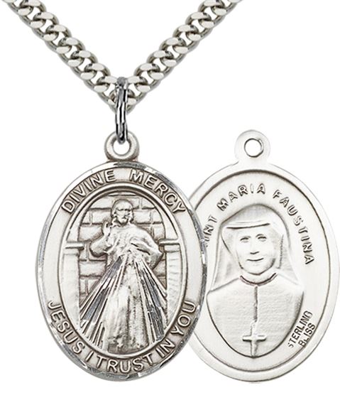 STERLING SILVER DIVINE MERCY PENDANT WITH CHAIN - 1" x 3/4"