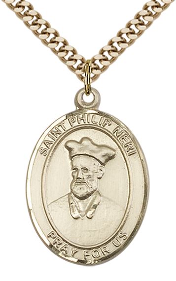 14KT GOLD FILLED ST PHILIP NERI PENDANT WITH CHAIN - 1" x 3/4"