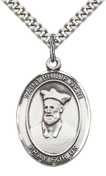 STERLING SILVER ST PHILIP NERI PENDANT WITH CHAIN - 1" x 3/4"