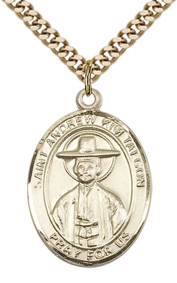 14KT GOLD FILLED ST ANDREW KIM TAEGON PENDANT WITH CHAIN - 1" x 3/4"