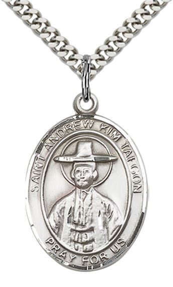 STERLING SILVER ST ANDREW KIM TAEGON PENDANT WITH CHAIN - 1" x 3/4"