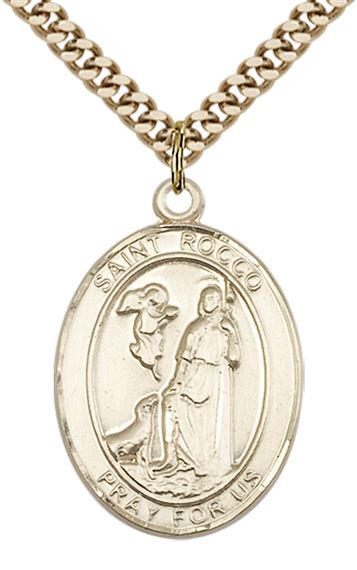 14KT GOLD FILLED ST ROCCO PENDANT WITH CHAIN - 1" x 3/4"