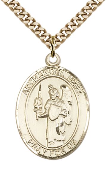 14KT GOLD FILLED ST URIEL THE ARCHANGEL PENDANT WITH CHAIN - 1" x 3/4"