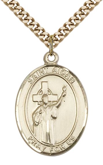 14KT GOLD FILLED ST AIDAN OF LINDESFARNE PENDANT WITH CHAIN - 1" x 3/4"