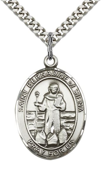 STERLING SILVER ST BERNADINE OF SIENNA PENDANT WITH CHAIN - 1" x 3/4"
