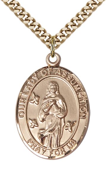 14KT GOLD FILLED OUR LADY OF ASSUMPTION PENDANT WITH CHAIN - 1" x 3/4"