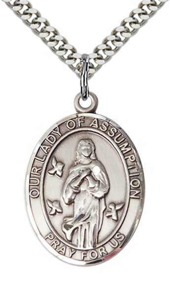 STERLING SILVER OUR LADY OF ASSUMPTION PENDANT WITH CHAIN - 1" x 3/4"