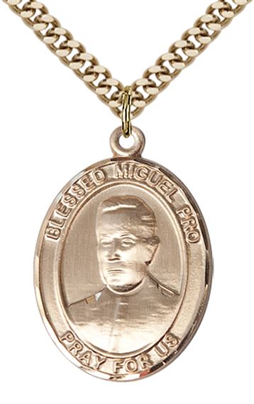 14KT GOLD FILLED BLESSED MIGUEL PRO PENDANT WITH CHAIN - 1" x 3/4"