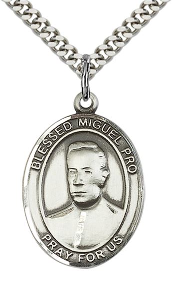 STERLING SILVER BLESSED MIGUEL PRO PENDANT WITH CHAIN - 1" x 3/4"