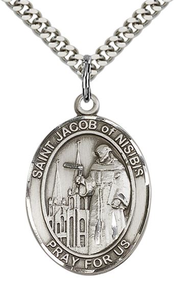 STERLING SILVER ST JACOB OF NISIBIS PENDANT WITH CHAIN - 1" x 3/4"