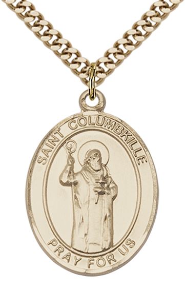 14KT GOLD FILLED ST COLUMBKILLE PENDANT WITH CHAIN - 1" x 3/4"