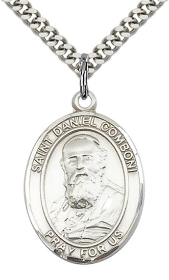 STERLING SILVER ST DANIEL COMBONI PENDANT WITH CHAIN - 1" x 3/4"