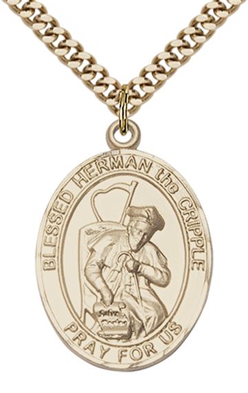 14KT GOLD FILLED BLESSED HERMAN THE CRIPPLE PENDANT WITH CHAIN - 1" x 3/4"