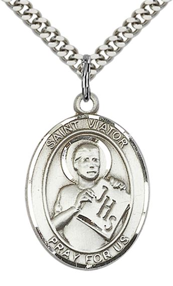 STERLING SILVER ST VIATOR OF BERGAMO PENDANT WITH CHAIN - 1" x 3/4"