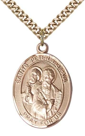 14KT GOLD FILLED ST PETER ST PAUL PENDANT WITH CHAIN - 1" x 3/4"