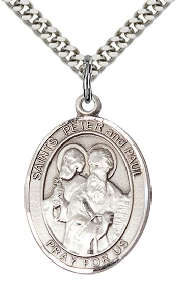 STERLING SILVER ST PETER ST PAUL PENDANT WITH CHAIN - 1" x 3/4"