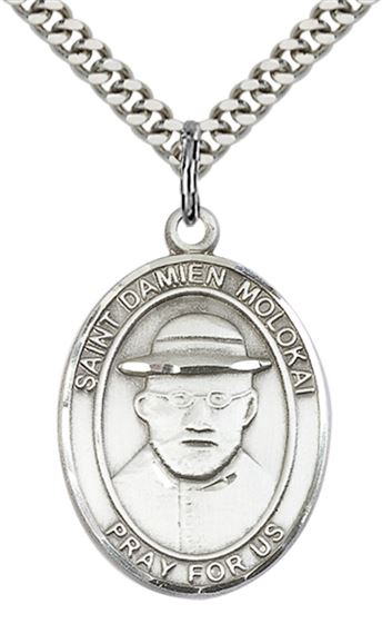 STERLING SILVER ST DAMIEN OF MOLOKAI PENDANT WITH CHAIN - 1" x 3/4"
