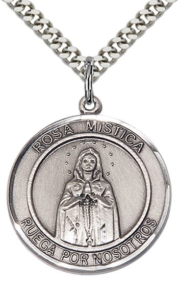 STERLING SILVER OUR LADY ROSA MYSTICA PENDANT WITH CHAIN - 1" x 7/8"