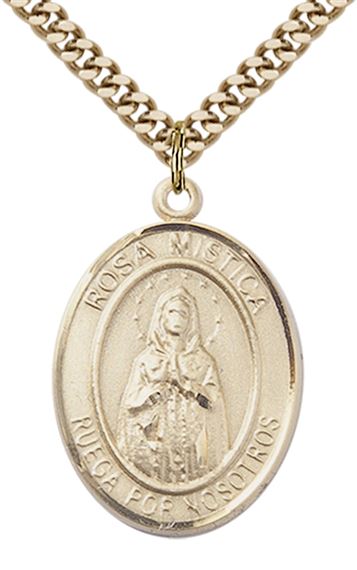 GOLD FILLED OUR LADY ROSA MYSTICA PENDANT ON A CHAIN - 1" x 3/4"