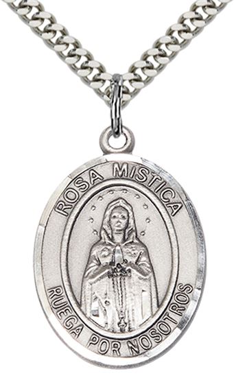 STERLING SILVER OUR LADY ROSA MYSTICA PENDANT WITH CHAIN - 1" x 3/4"
