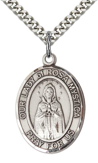 STERLING SILVER OUR LADY OF ROSA MYSTICA PENDANT WITH CHAIN - 1" x 3/4"