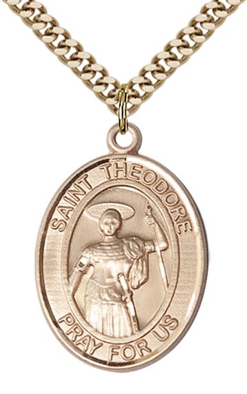 14KT GOLD FILLED ST THEODORE STRATELATES PENDANT WITH CHAIN - 1" x 3/4"
