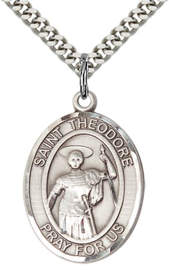 STERLING SILVER ST THEODORE STRATELATES PENDANT WITH CHAIN - 1" x 3/4"