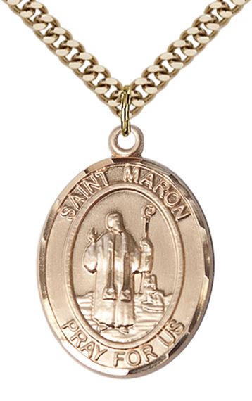 14KT GOLD FILLED ST MARON PENDANT WITH CHAIN - 1" x 3/4"