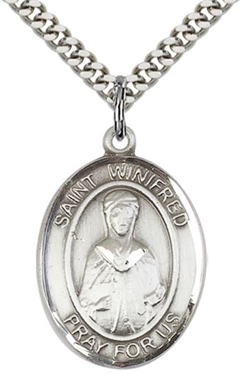 STERLING SILVER ST WINIFRED OF WALES PENDANT WITH CHAIN - 1" x 3/4"