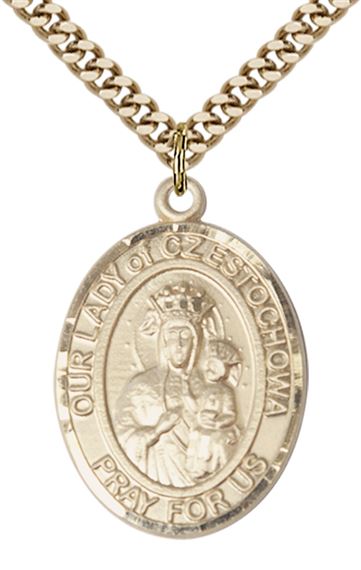 14KT GOLD FILLED OUR LADY OF CZESTOCHOWA PENDANT WITH CHAIN - 1" x 3/4"
