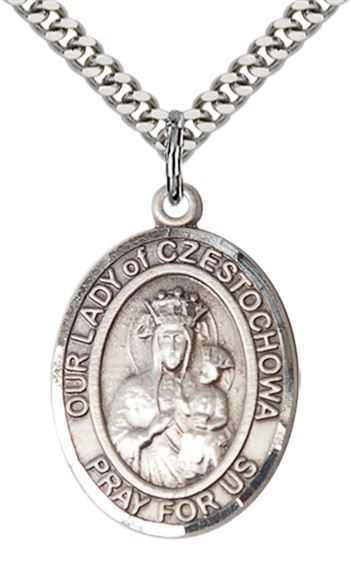 STERLING SILVER OUR LADY OF CZESTOCHOWA PENDANT WITH CHAIN - 1" x 3/4"