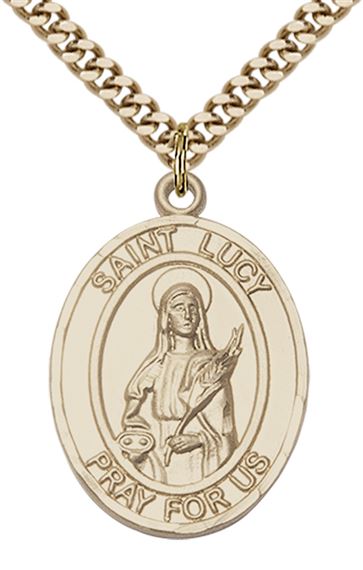 14KT GOLD FILLED ST LUCY PENDANT WITH CHAIN - 1" x 3/4"