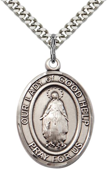 STERLING SILVER OUR LADY OF GOOD HELP PENDANT WITH CHAIN - 1" x 3/4"