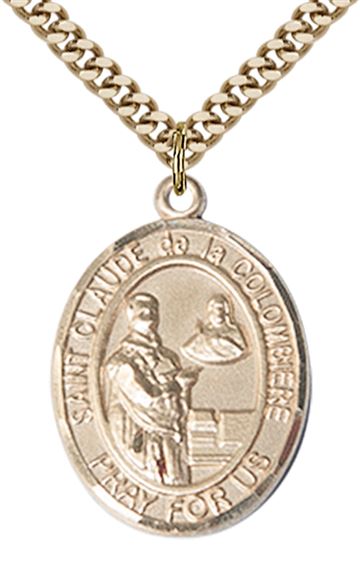 14KT GOLD FILLED ST CLAUDE DE LA COLOMBIERE PENDANT WITH CHAIN - 1" x 3/4"