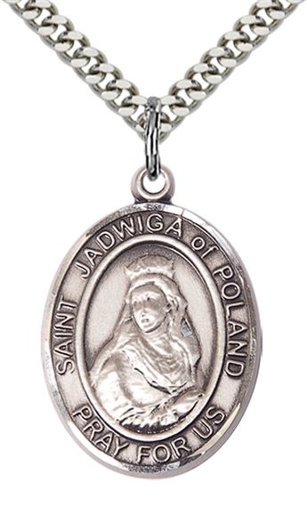 STERLING SILVER ST JADWIGA OF POLAND PENDANT WITH CHAIN - 1" x 3/4"