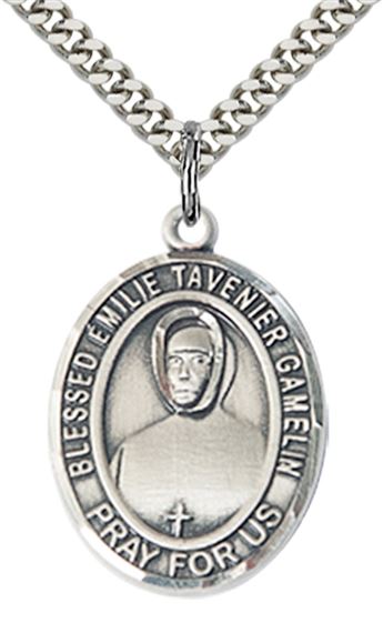 STERLING SILVER BLESSED EMILIE TAVERNIER GAMELIN PENDANT WITH CHAIN - 1" x 3/4"