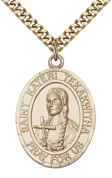 14KT GOLD FILLED ST KATERI TEKAKWITHA PENDANT WITH CHAIN - 1" x 3/4"
