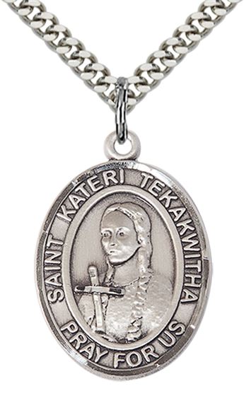 STERLING SILVER ST KATERI TEKAKWITHA PENDANT WITH CHAIN - 1" x 3/4"
