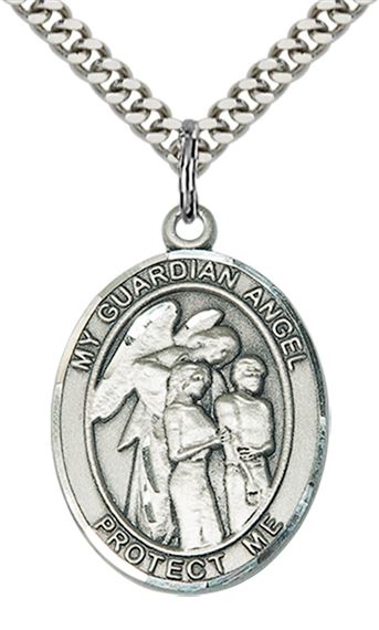 STERLING SILVER GUARDIAN ANGEL W-CHILDREN PENDANT WITH CHAIN - 1" x 3/4"