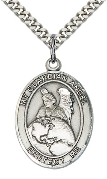 STERLING SILVER GUARDIAN ANGEL PROTECTOR PENDANT WITH CHAIN - 1" x 3/4"