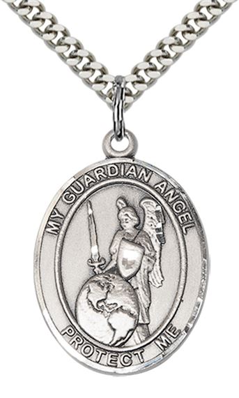 STERLING SILVER GUARDIAN ANGEL OF THE WORLD PENDANT WITH CHAIN - 1" x 3/4"