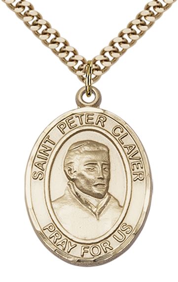14KT GOLD FILLED ST PETER CLAVER PENDANT WITH CHAIN - 1" x 3/4"